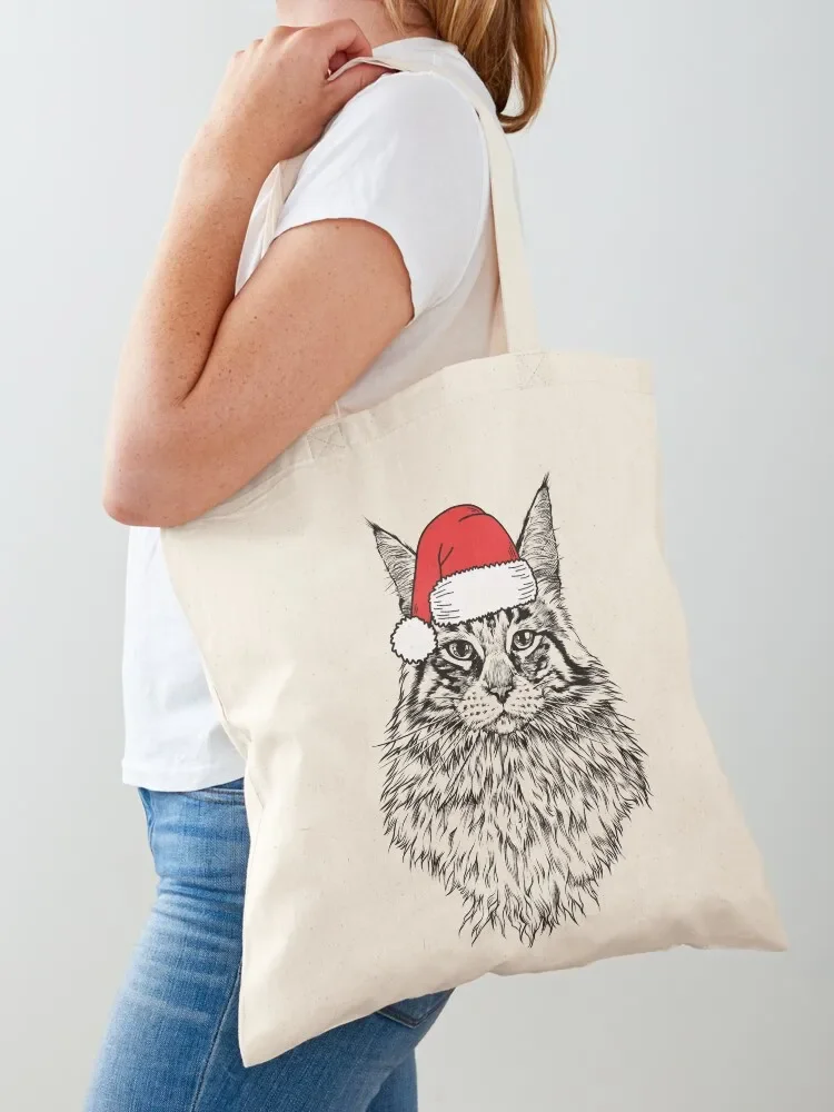 

Christmas Santa Maine Coon Cat Holiday Tote Bag cute pouch bag canvas tote bag shopper woman tote bags cloth bags