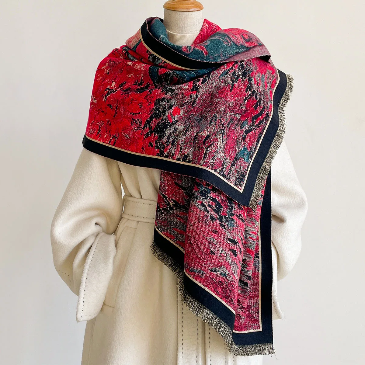 Van Gogh Red Vineyard Oil Painting Print Imitation Cashmere Scarf Ladies Soft Breathable Fringed Scarf For Office And Party