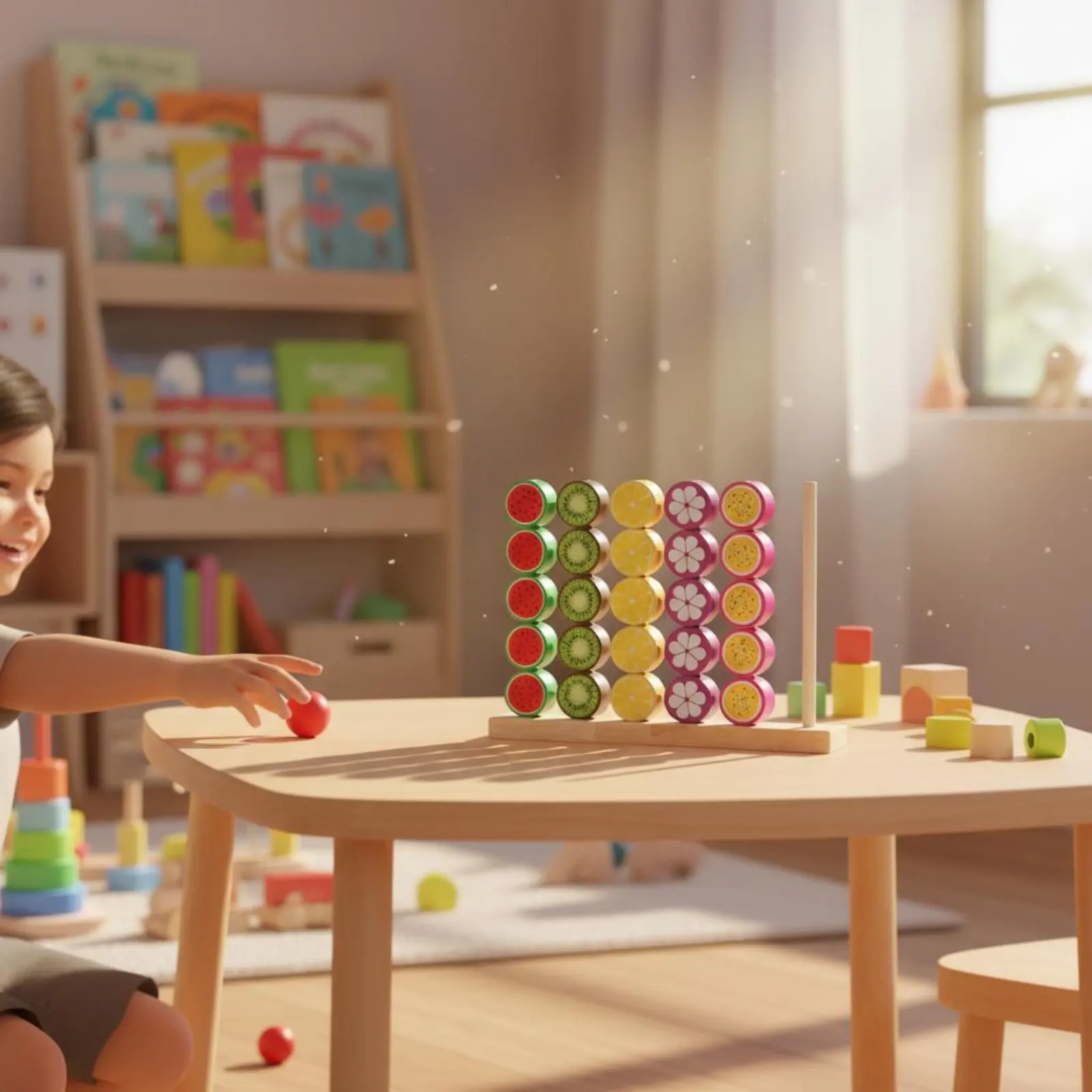 40 Pieces Wooden Fruit Stacking Game Fine Movement Skills Fruit Bead Stacking Toy Color Matching Column Toy Rounded Edges
