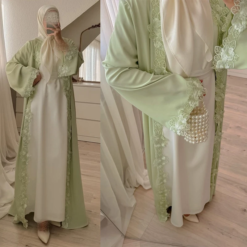 Early Autumn Patchwork Embroidery Lace Coat New Fashion V Neck Loose Long Top Cardigan Casual Long Sleeve Muslim Jacket Outwears