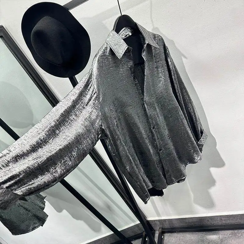 Silver Personality Color Reflective Ruffle Handsome Non-Ironing Draping Shirt Men's Fashionable Sequin Avant-Garde Loose