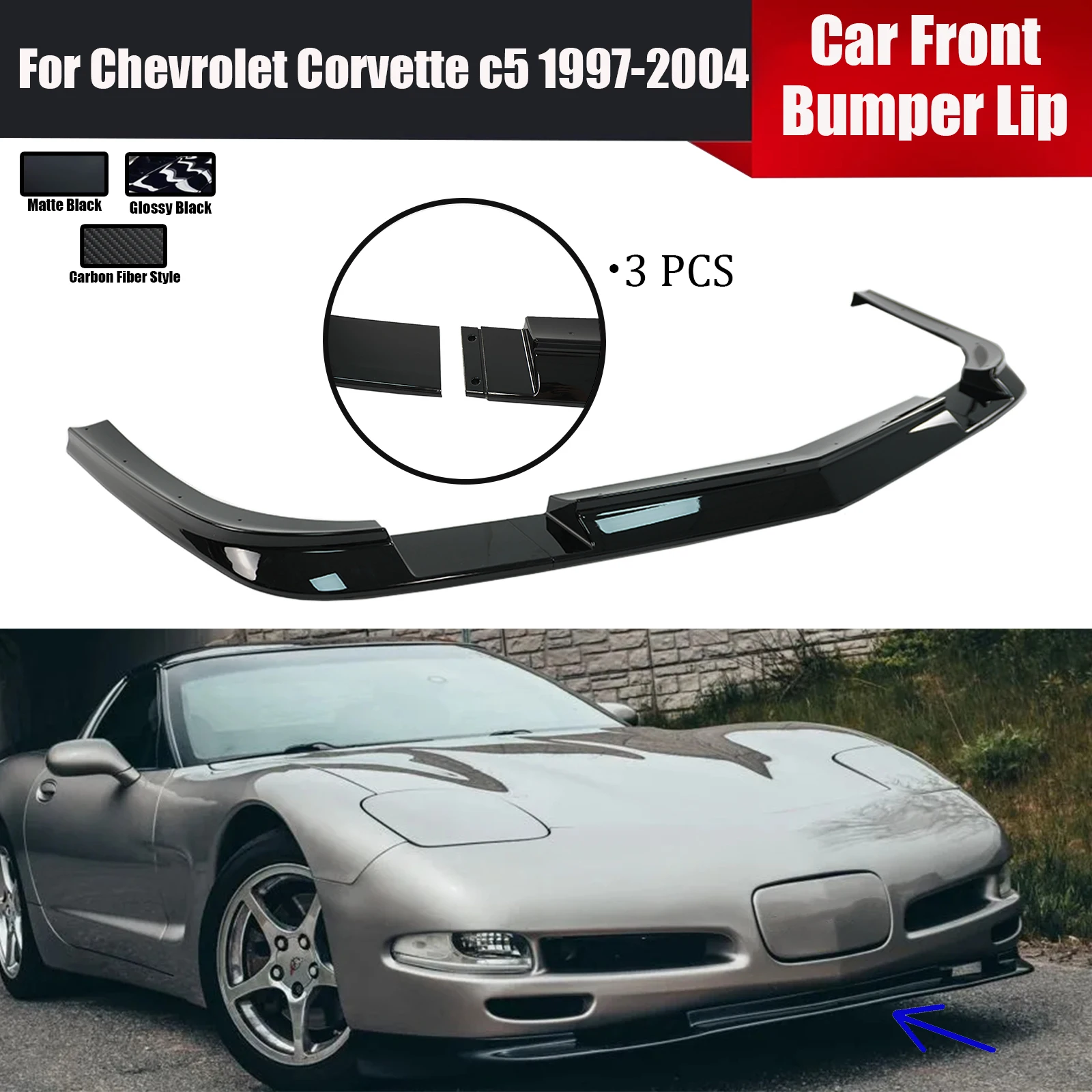 Car Front Bumper Lip For Chevrolet Corvette C5 1997-2004 Splitter Spoiler Body Kit Matte Black Glossy Black Carbon Fiber Style