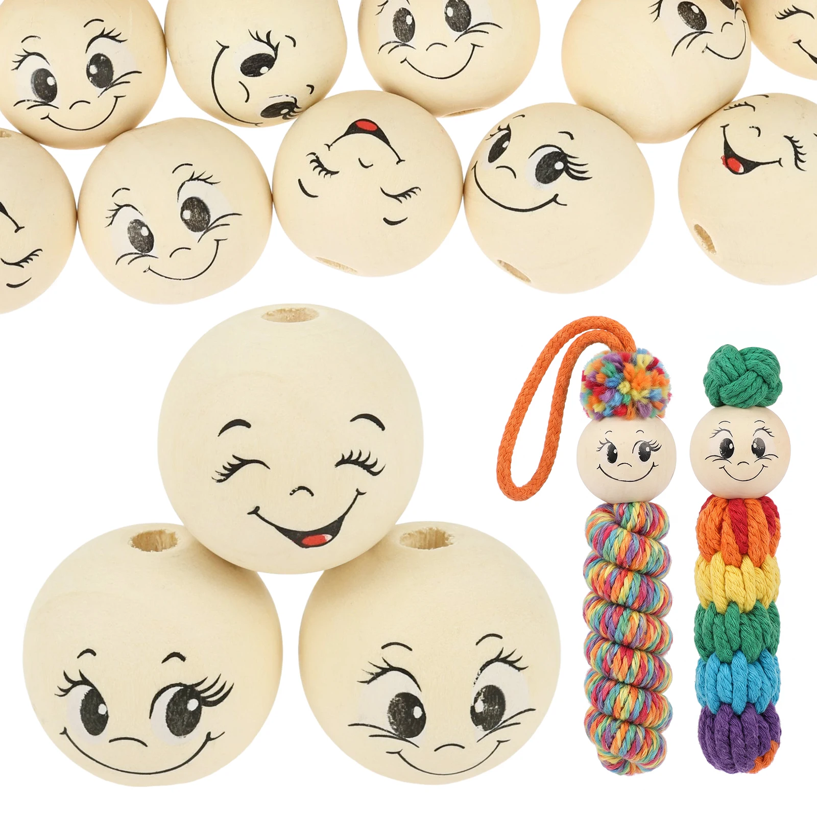 66Pcs Wooden Bead Smiling Face Jewelry Making Beads for DIY Craft Keychains Bracelets Necklace Loose Beaded Accessories Creative