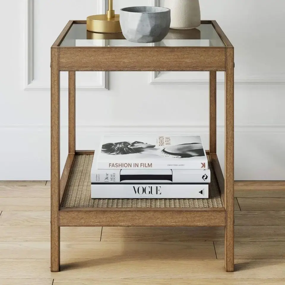 Small side table with glass finish, open storage rack, 18 inches deep x 18 inches wide x 22 inches high