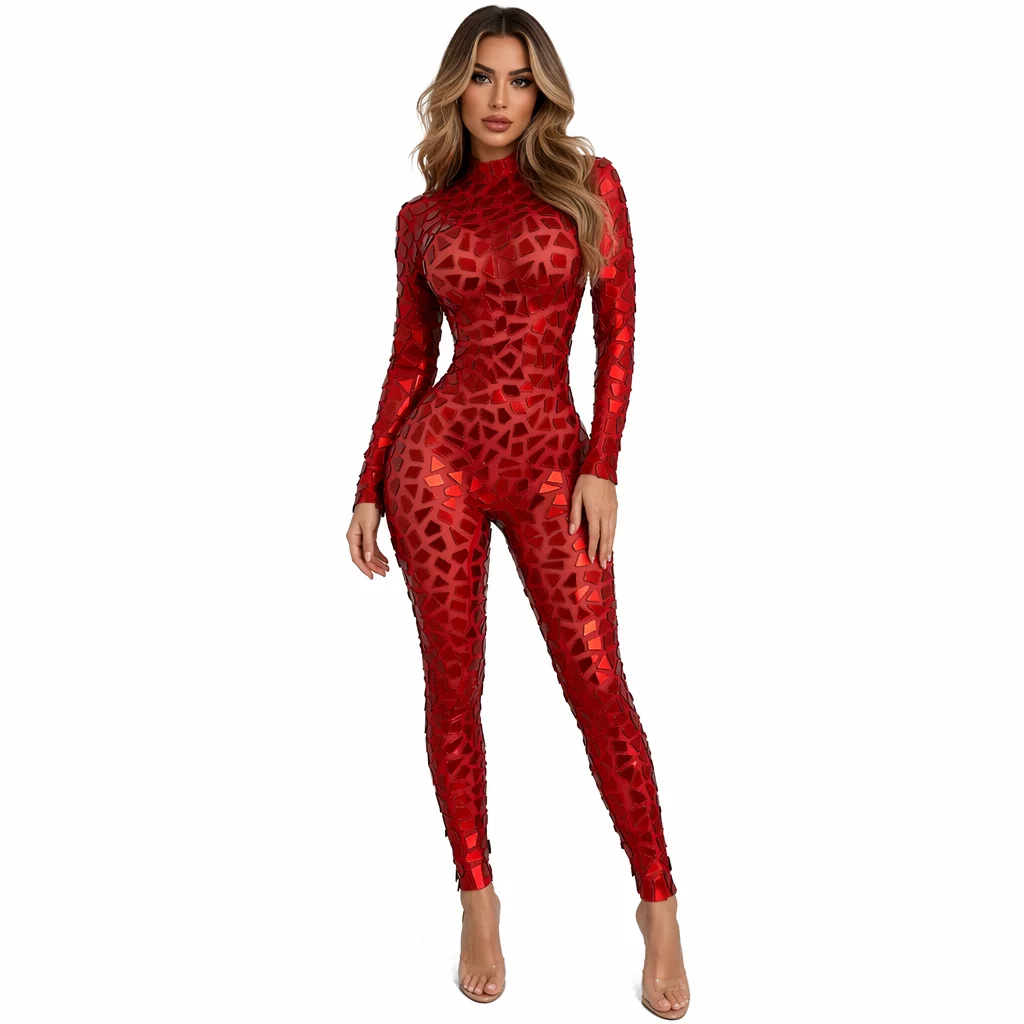 

red sequin long sleeves bodycon jumpsuits women stretch spandex club party rompers female dancer bodysuit stage performance wear