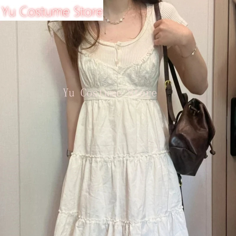 

Casual Women White Front Buttons Lace Spliced Sling Dress Yu Costume Summer Vintage Square Collar Sleeveless Female Chic Bottoms