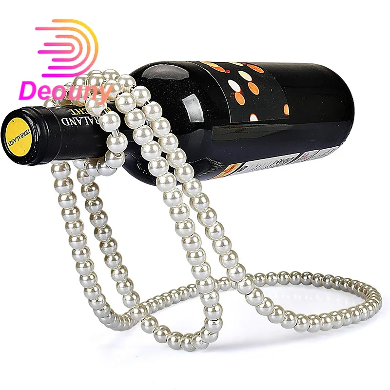 DEOUNY Artificial Pearl Necklace Floating Wine Rack Metal Wine Bottle Holder, Wine Bottle Stand for Bar and Home Decoration