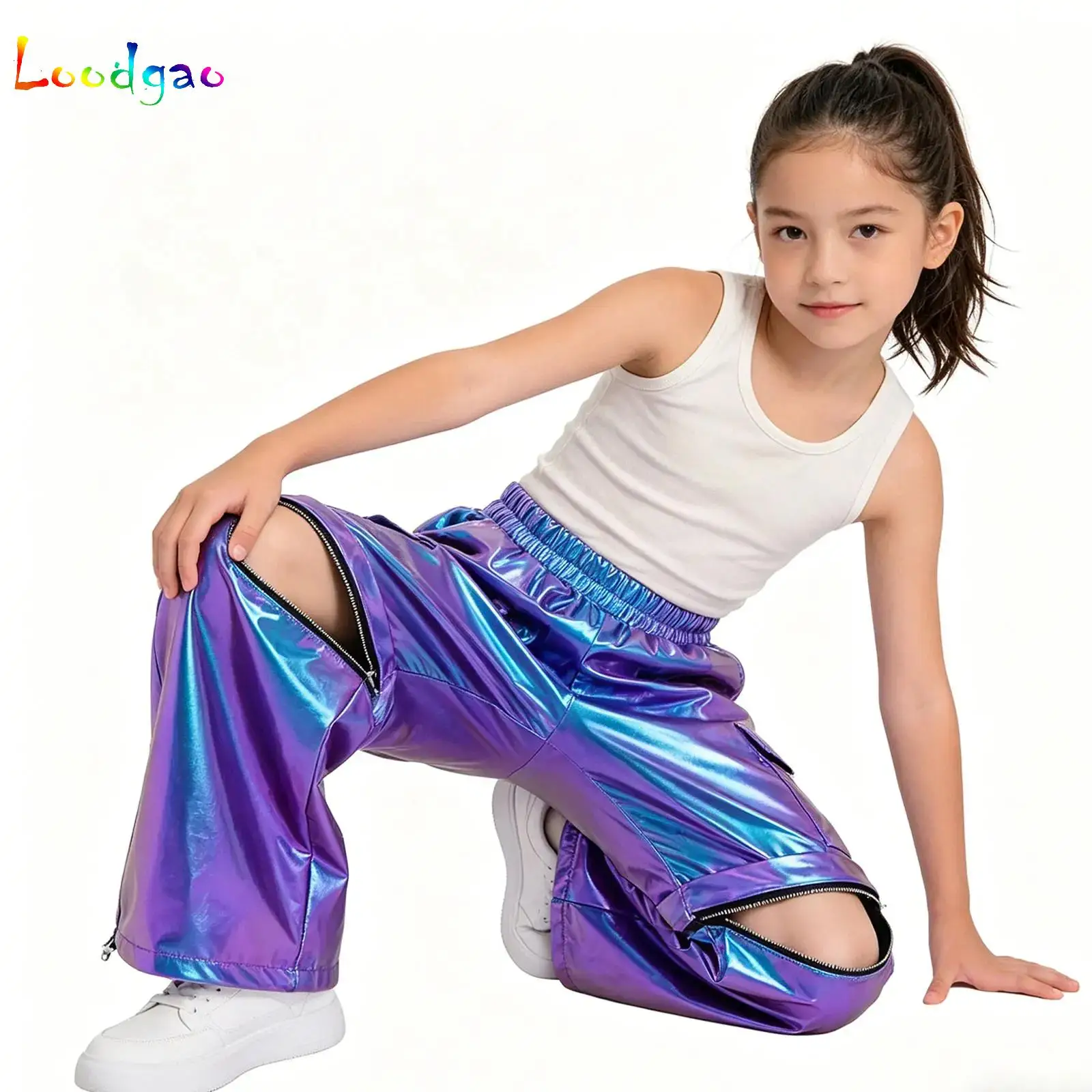 Kids Boys Girls Metallic Zip-Off Metallic Cargo Pants Elastic Waistband Shiny Trousers for Modern Hip Hop Street Jazz Dancewear