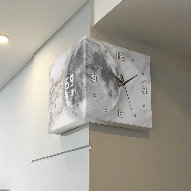 Cross-border hot-selling living room corner double-sided wall clock creative clock wall lamp moon corner clock non-punching