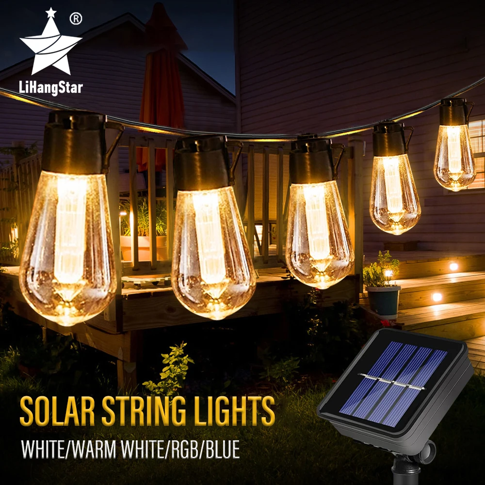 Guirnalda de luces LED solares para exteriores, bombillas de decoración navideña impermeables IP65, corona de vacaciones retro, muebles de jardín,