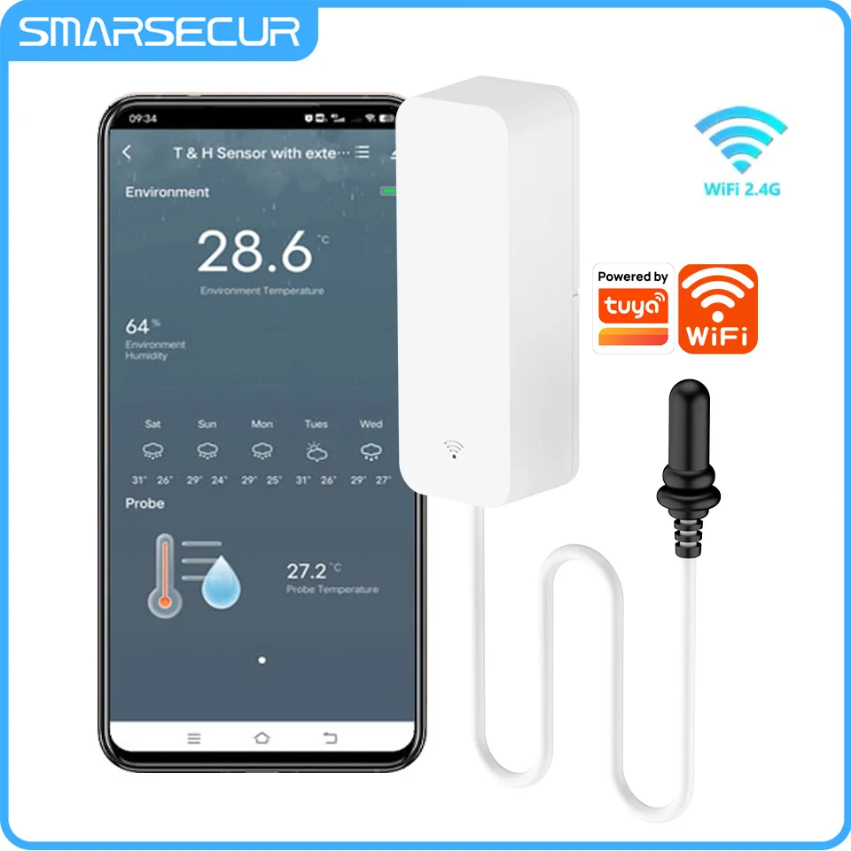 Tuya WiFi Temperature Humidity Sensor With External Probe for Smart Home Hygrometer APP Monitoring for Plants Aquarium