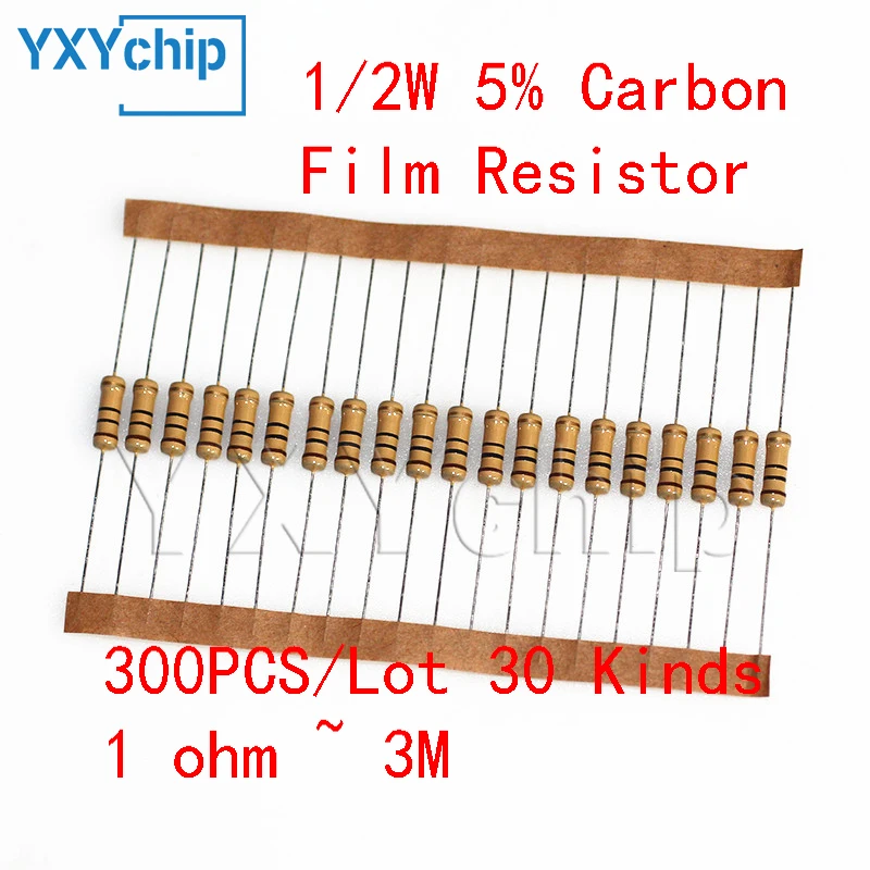 

300PCS/Lot 1/2W 30 Kinds Carbon Film Resistor set, 0.5W Resistance 5% 1 ohm ~ 3M Color Ring Resistance Assortment kit