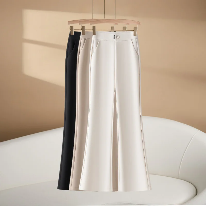 Pantalones de traje de cintura alta y pierna ancha para mujer, informales, con efecto adelgazante, caída fluida, estilo occidental, de tejido elástico de punto.