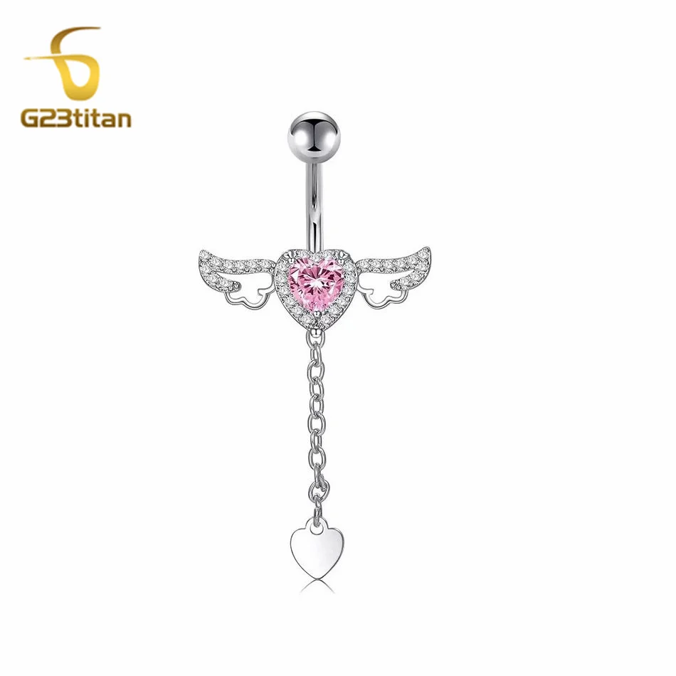 G23titan 6-16mm Titanium Barbell Heart Pendant Wings Belly Button Ring Surgical Body Piercing Anti Allergic Women Navel Jewelry