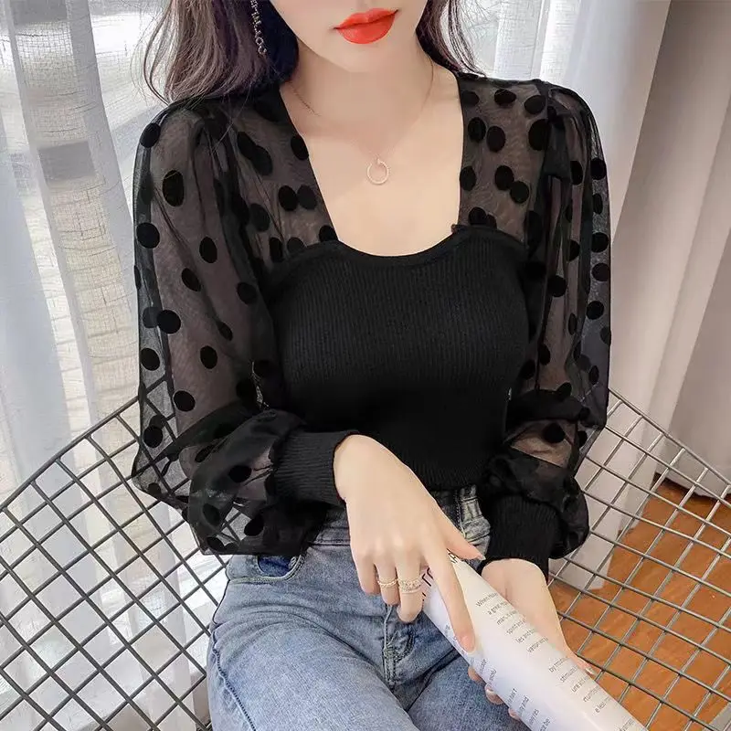 Elegant Top Women Square Neck Shirt&Blouses Long sleeve Dot Floral Lantern Sleeve Chiffon Patchwork Mesh Gauze Retro Office Lady