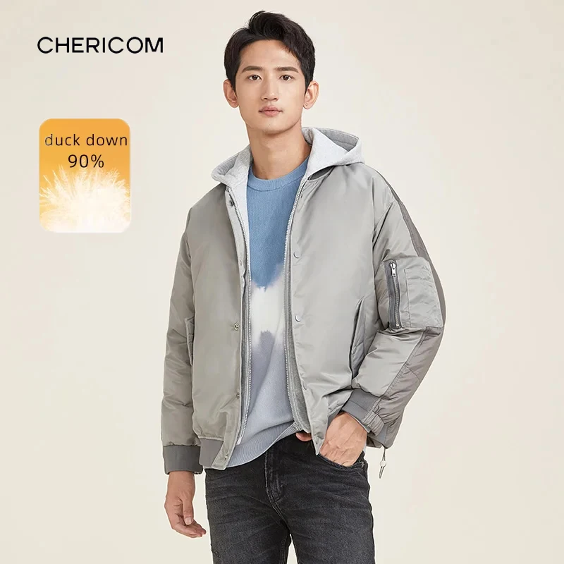 

Мужские пуховики Chericom, новинка зимы 2023, теплые универсальные свободные теплые куртки со съемным капюшоном и контрастными деталями Y278547Y