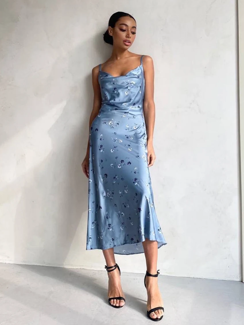 

Marthaqiqi Casual Women Nightwear Spaghetti Strap Pajamas Backless Nightie V-Neck Nightgowns Ankle-Length Dress Ladies Sleepwear