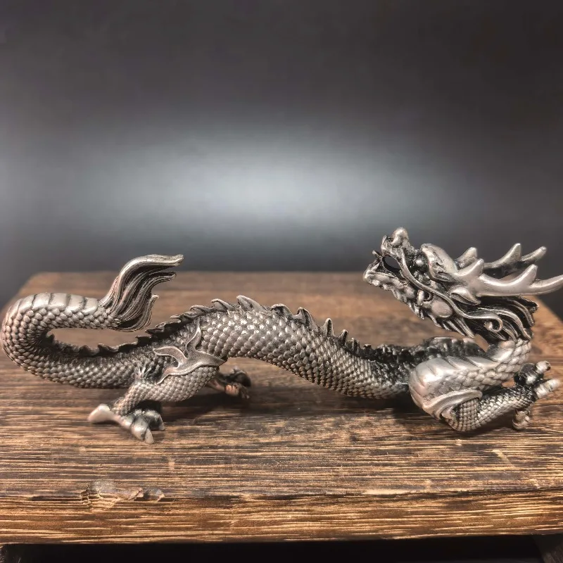 Chinese Silver‑Plated Dragon Statue Retro Oriental Loong Figurine Desktop Ornament Home Feng Shui Decor Collectible Craft Gift