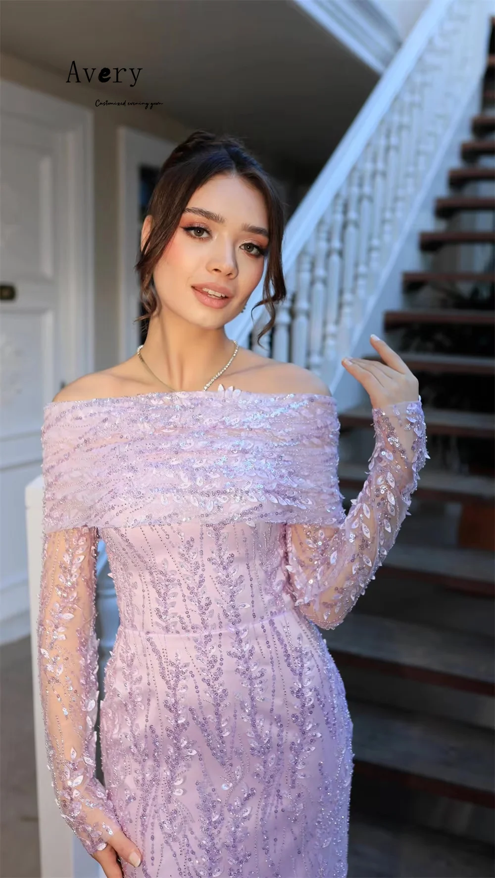 Avery personalizado encaje púrpura flores 3D cola de pez vestidos de noche elegantes para mujer vestidos de fiesta de lujo 2025 vestido de baile para mujer