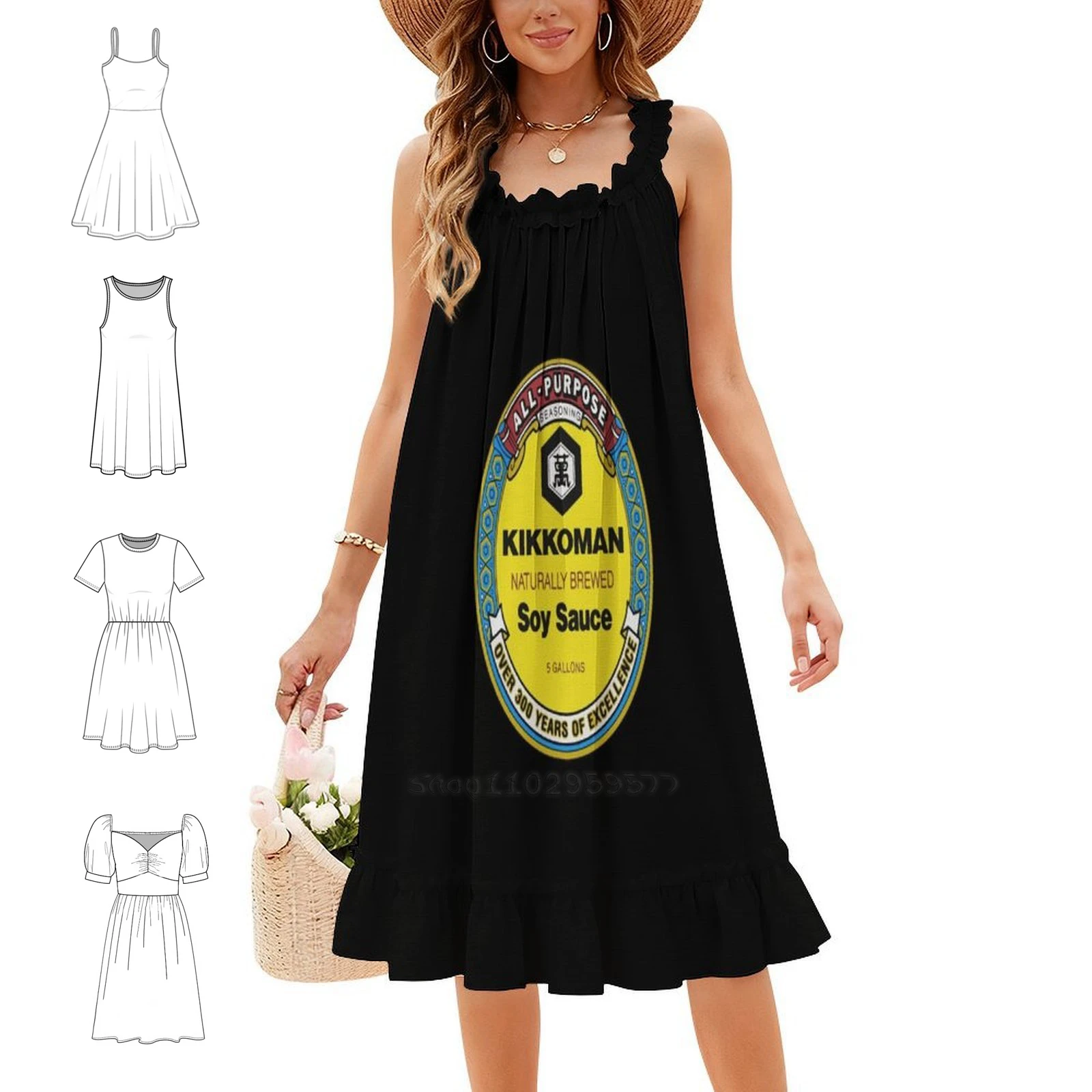 All Purpose Kikkoman Soy Sauce Print Design Men'S Korean Style Dress For Women Elegant Casual Dress For Party Or Daily Wear