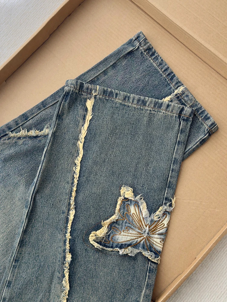 Pantalones vaqueros de mezclilla con cremallera lateral y bordado de cintura alta para mujer, pantalones de pierna ancha hasta el suelo de calle americana para primavera y otoño