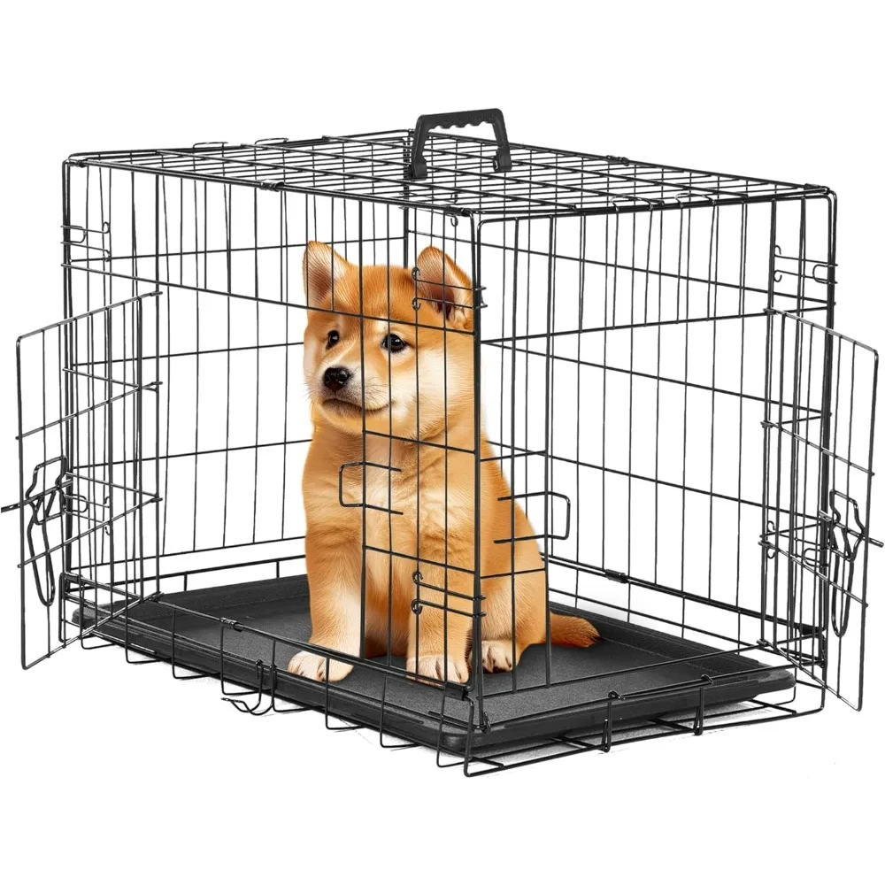

24-Inch Small Dog Crate with Divider, Double Door Folding Metal Wire Cage with Leak-Proof Plastic Tray, Portable Pet Kennel for