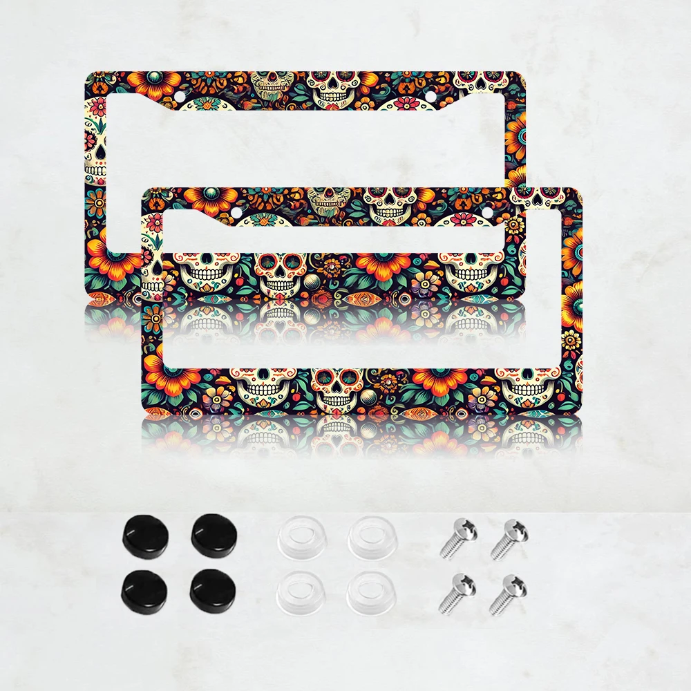 

Набор из 2-х рамок для номерных знаков в стиле ретро с изображением сахарных черепов, разноцветные алюминиевые рамки с конфетными черепами - стандартный размер США 6 x 12 дюймов