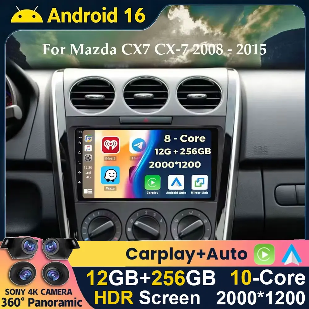 Android 16 Carplay Auto For MAZDA CX-7 CX7 CX 7 2007 2008 2009 2010 2011 - 2014 Car Radio GPS Navigation Multimedia Video Player