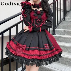 Black and Red Lolita Dress Women's Sweet Gothic High Waist Bow Lace Stitching Short Dress Set Lady Suspender Dresses Vestidos