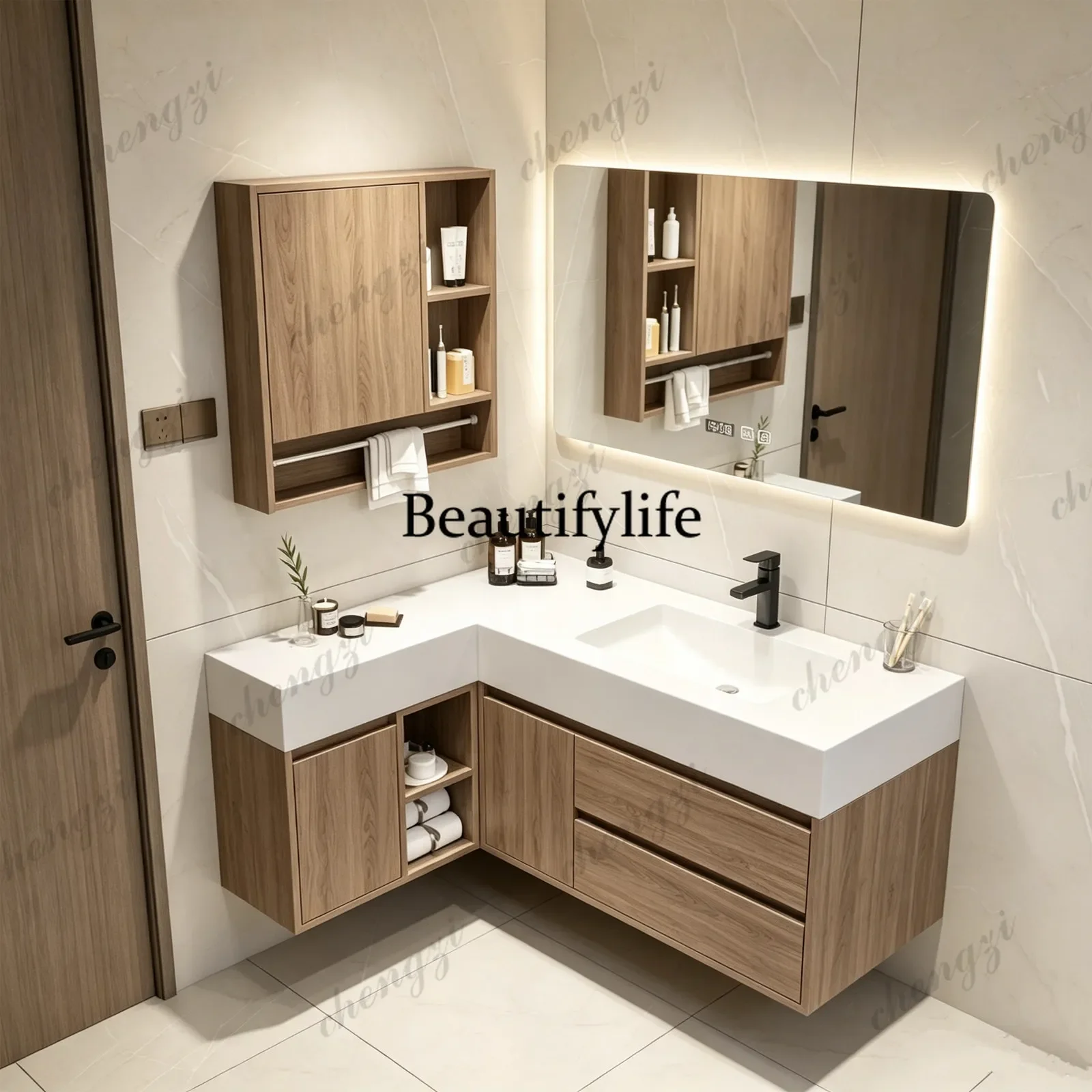 45 Corner L-shaped bathroom cabinet custom rock slab hot bending integrated basin light luxury wash basin wash basin