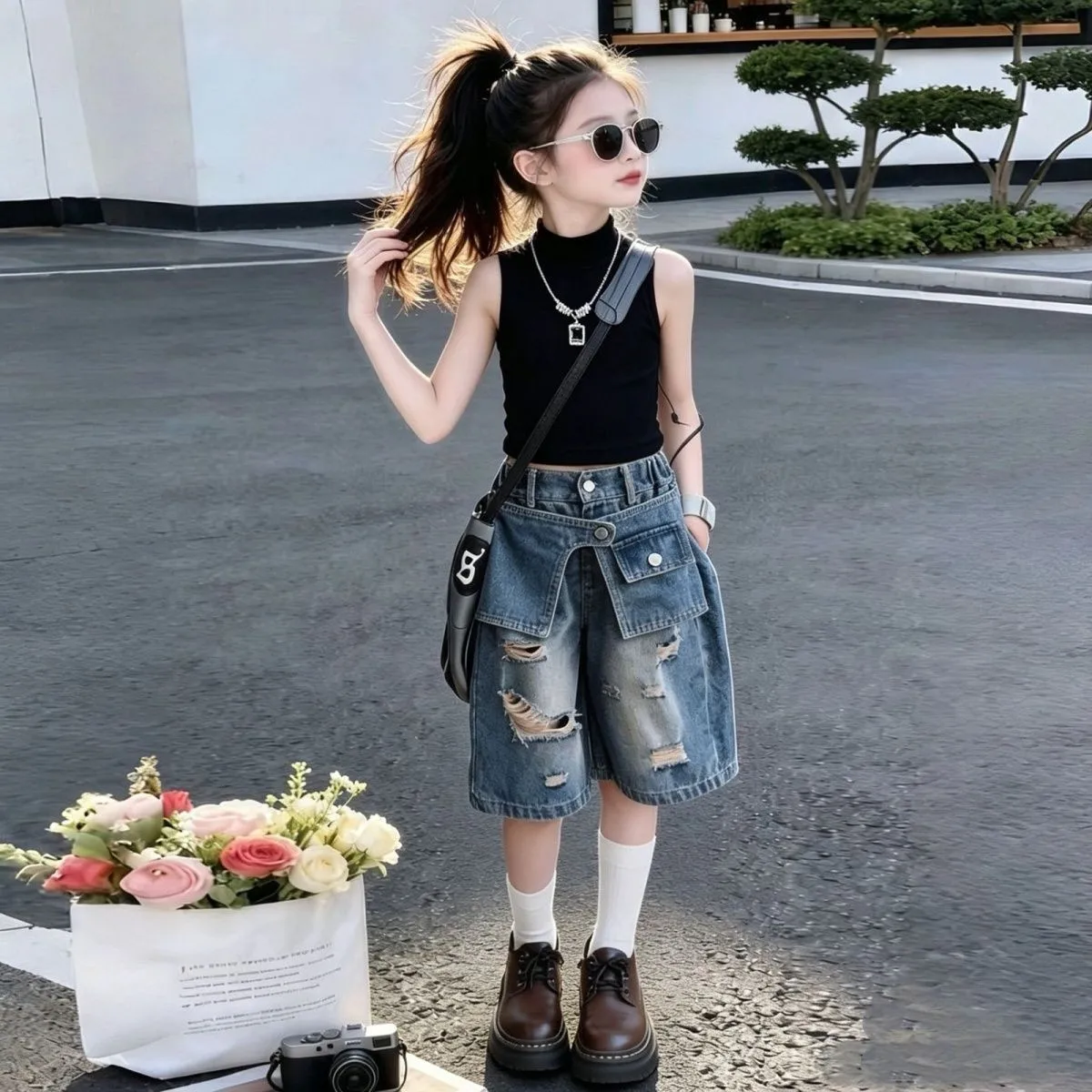 Teenage Girl Summer Outfit Fashion New Mid-Size Denim Vest And Jeans Two-Piece Set for Preteen And Tweens
