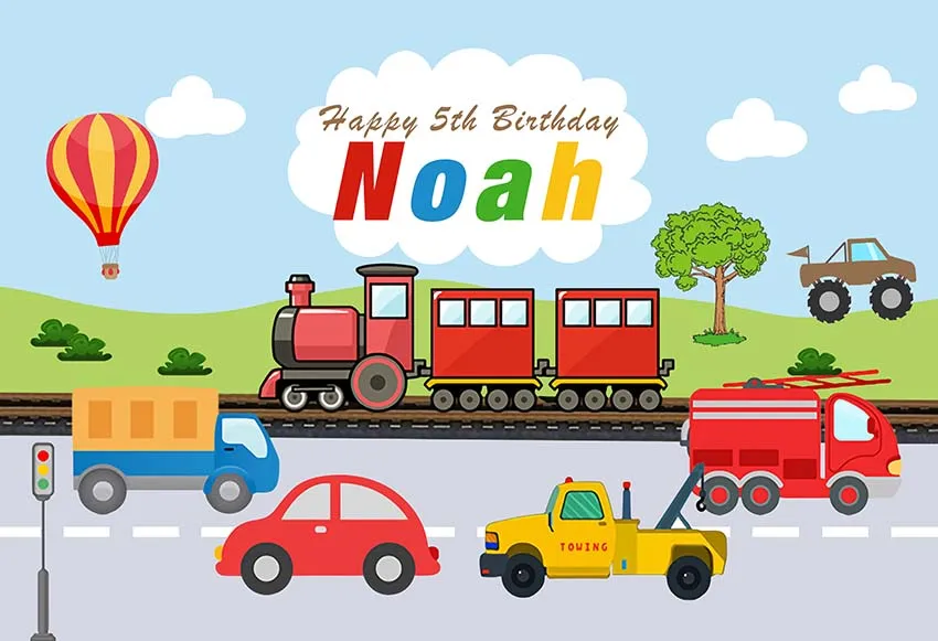 Boy Happy Birthday Backdrop Transportation Theme Red Train Trailer Car Fire Truck Hot Air Balloon Blue Sky Background Bday Party