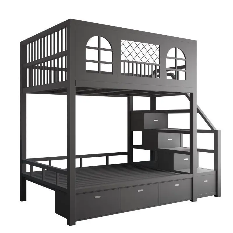 Small apartment duplex overlay iron bed, two-story attic double bunk wrought iron bed, high and low bed, space-saving loft bed