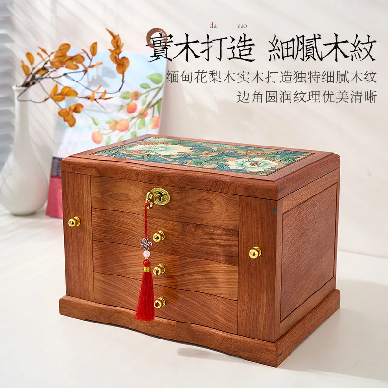Rosewood Solid Wood Jewelry Box with Drawer Large Capacity Storage Case Anti-Tarnish Wedding Gift