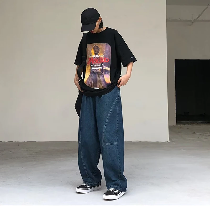 Japanese Oversized Jeans Men\'s Fashion Baggy Solid Color Casual Stitching Trousers Street Straight Harajuku Denim Pants