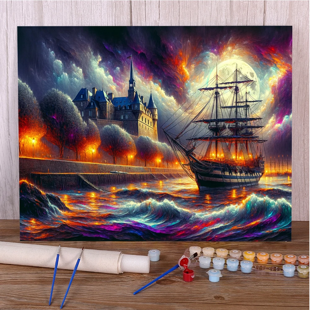 Landscape Seaside Ship Painting By Numbers Set Oil Paints 50*70 Oil Painting Decorative Paintings For Adults Wall Art Handiwork