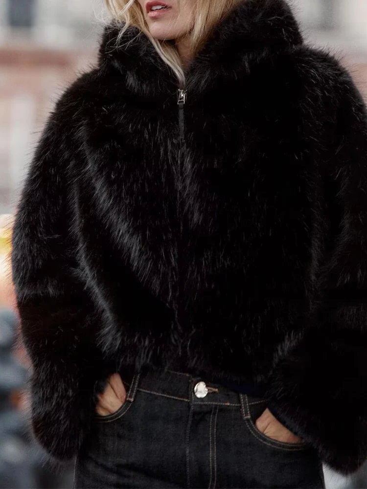 

European style new women's fashionable and versatile elegant casual solid color hooded zip-up fur coat