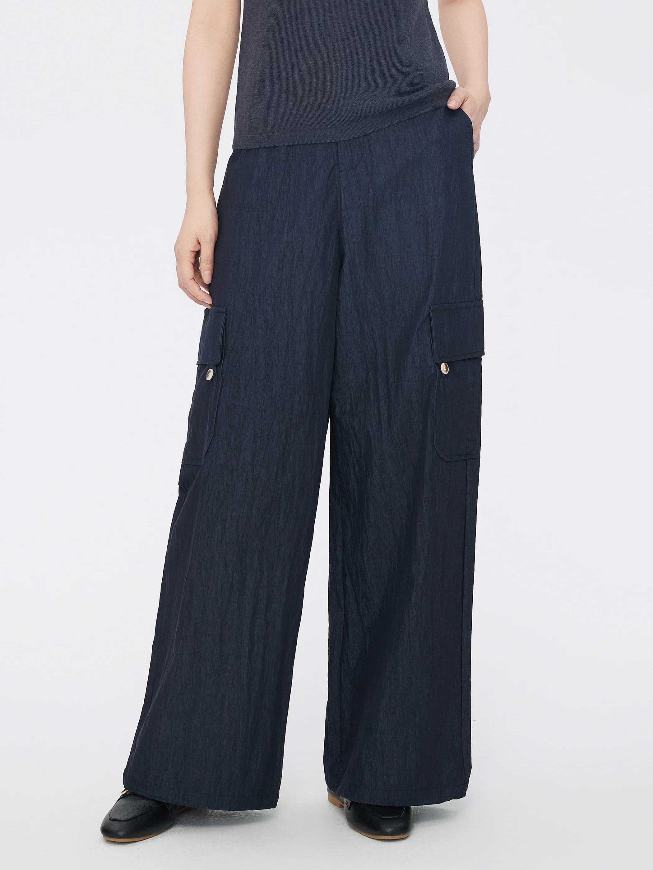 

IUMOON High Waist Wide Leg Casual Pants Women's Loose Straight Long Trousers Spring New Sle Cargo Pants Cobre Color