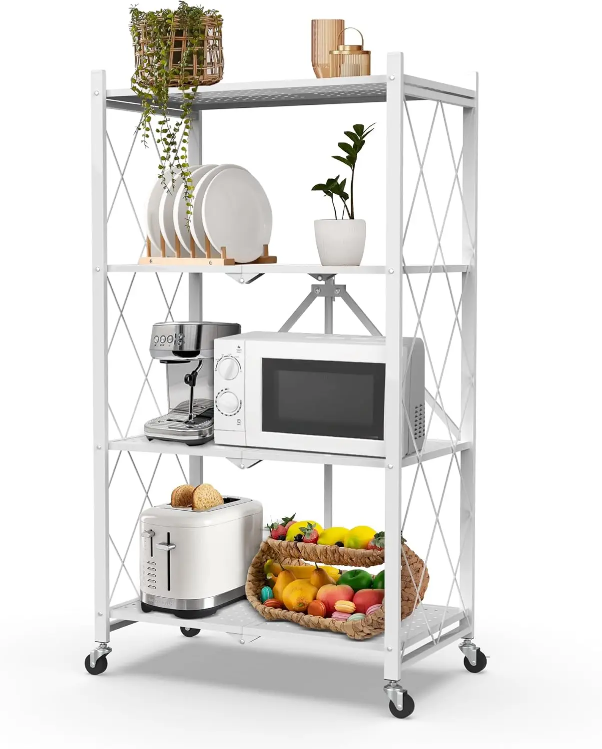 Kitchen Bakers Rack,Stable Folding Shelf,Foldable Grill Cart,Microwave Stand With Wheels, Storage Rack For Kitchen, Office,