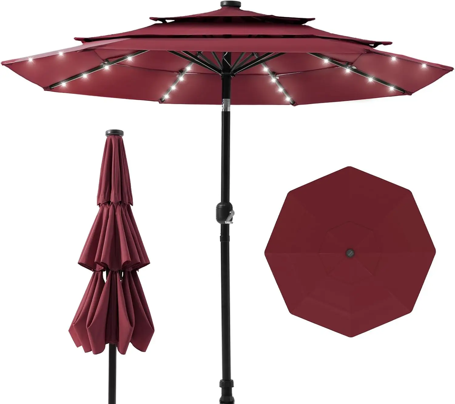 9FT/10FT/11FT 3 Tiers Solar LED Patio Umbrella, Outdoor Market Umbrella with Push Button Tilt, 40 LEDs, Sun Shade for for Backya