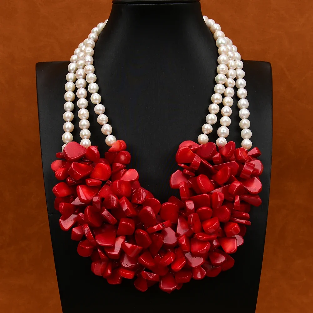 3 Strands Natural White Keshi Pearl Red Coral Necklace Handmade Women's Exquisite Jewelry