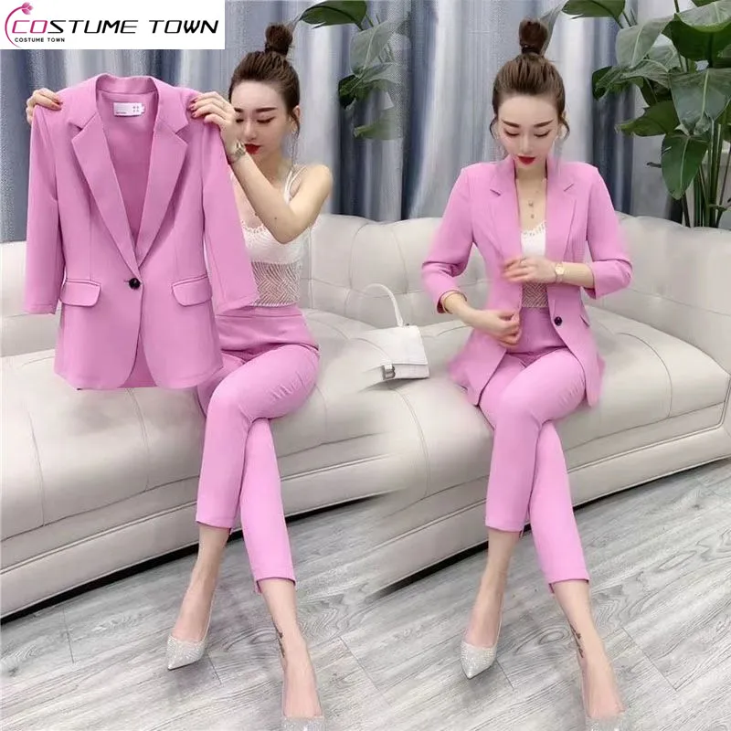 Korean Style Candy Color Elegant Women\'s Pants Suit Unlined Thin Jacket Pencil Pants Two Piece Office Casual Outfits