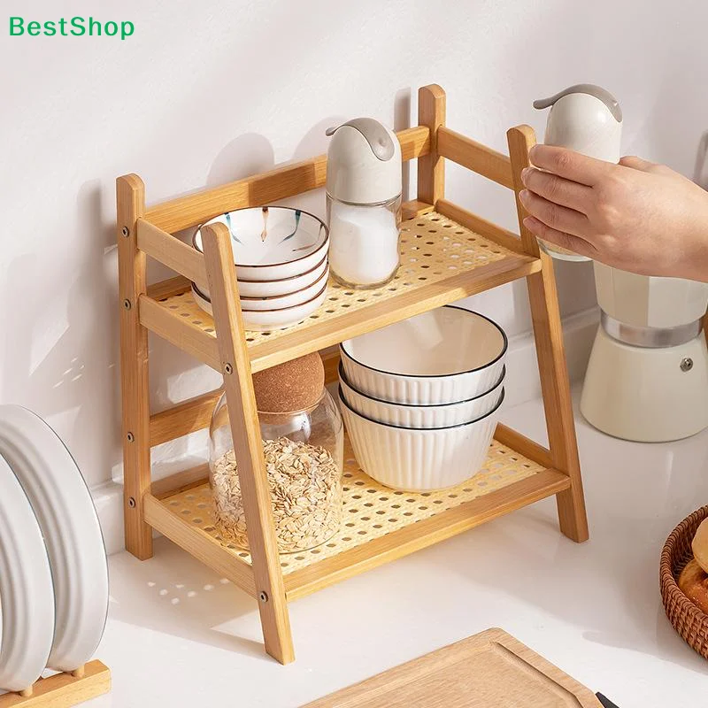 ❄2-Tier Bamboo Ladder Shelf - Natural Wood Storage Rack with Rattan Shelves, Decorative Organizer for Bedroom/Living Room