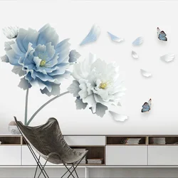 Large White Blue Flower Lotus Butterfly Removable Wall Stickers 3D Wall Art Decals Home Decor Mural Art for Living Room Bedroom