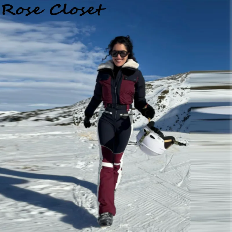 

2026 New Windproof Zipper Cinched Waist Sport Outfits Women's Cropped Furry Collar Jumpsuit Stylish Vintage One-piece Ski Suits