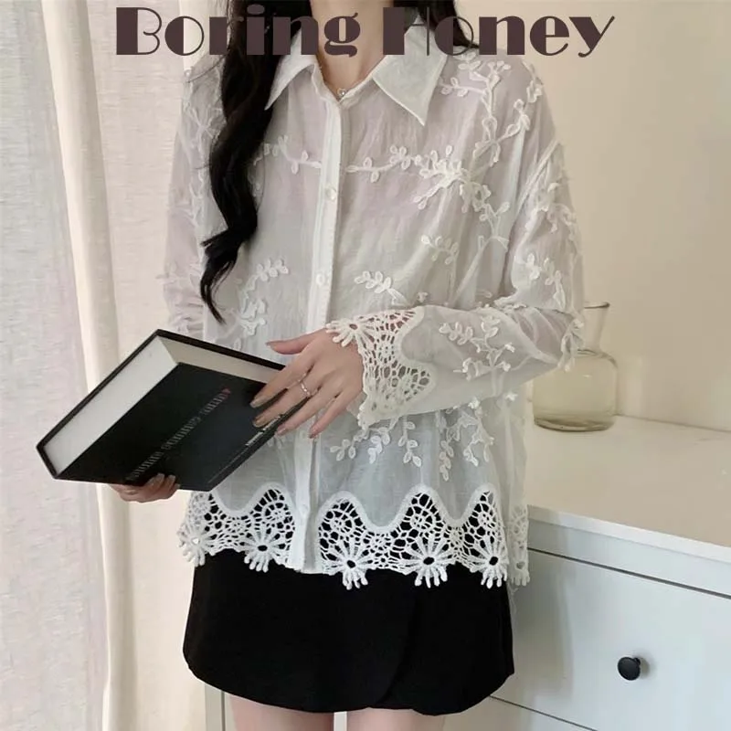 

Boring Honey Gentle Sweet Three-Dimensional Flower Embroidered Shirt Women's Western Style Age-Reducing Loose Long-Sleeved Top