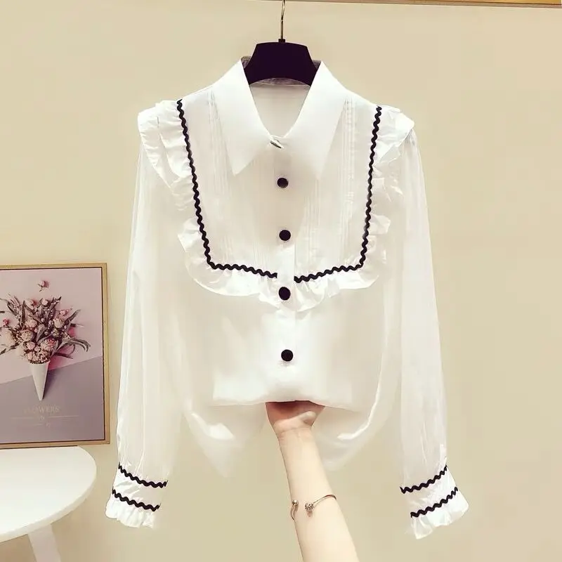 

Ruffles Chiffon Women Shirts Summer New Design 2023 Turn-Down Collar Striped Elegant Office Lady Outwear Tops