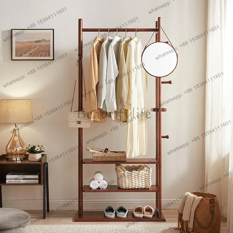 New Chinese-style solid wood hanger floor-to-ceiling with mirror entrance ash wood coat rack