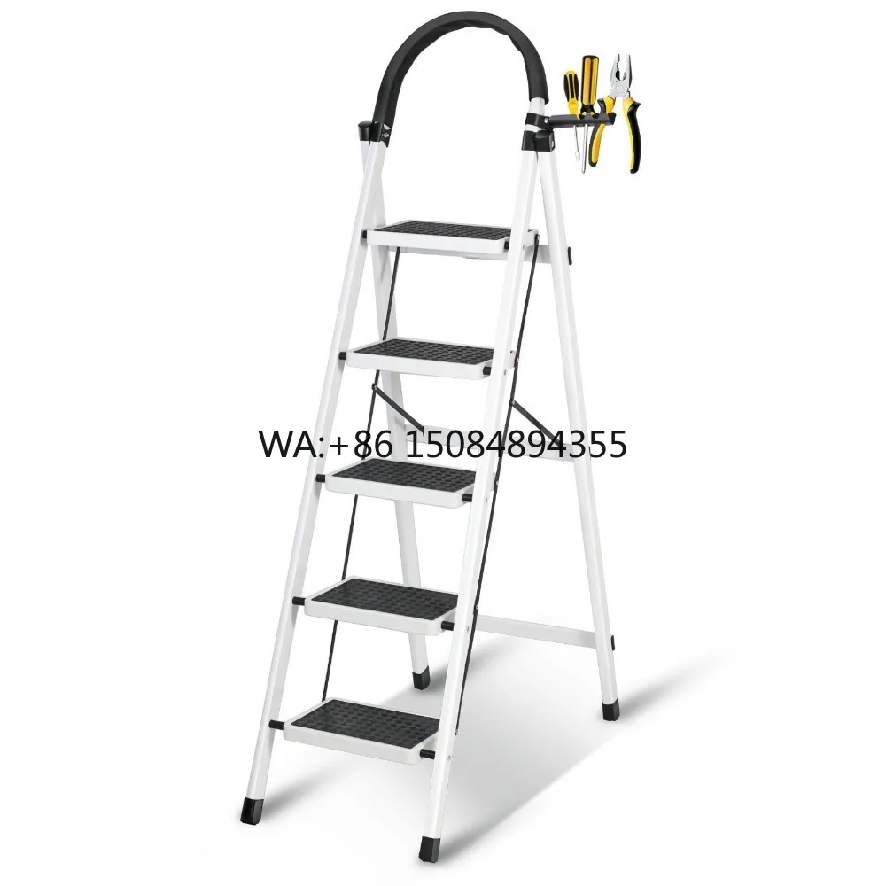 Deliladder Folding Ladders Foldable 5-Step Steel Step Stool Wide Anti-Slip Pedal Sturdy Design 375 Lbs Capacity European Home