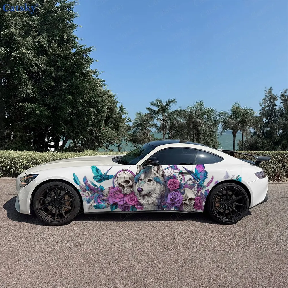 2pcs Wolf and Butterfly Car Side Decals Self-Adhesive PVC Waterproof & Scratch-Resistant Stickers, Fashionable Decals